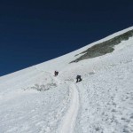 Crossing the schrund on the south side of the Breithorn