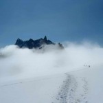 Into the mists on the Glacier du Geant (Dent Geant in background)