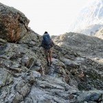 Traversing the rocky gorge below the Rifugio Peruccah-Vuillermoz