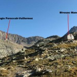 Looking back up at the Rifugio Peruccah-Vuillermoz and the Bivouac Manenti