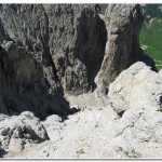 At the head of the steep gully out of the Gruppo Sella down to Passo Gardena