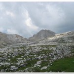 Looking back toward the Forcela de Medesc from the trail crossing to the Rifugio Lavarela
