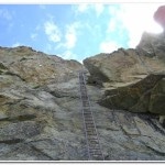 Looking up the ladder at the Pas de Chevres.